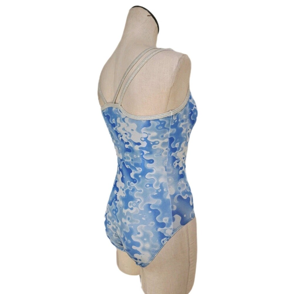GK Elite VTG 90s Whistling Waves Blue White Strappy Tank Leotard Size AL Adult L